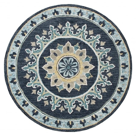Homeroots 5 ft. Round Blue Floral Medallion Area Rug 396267